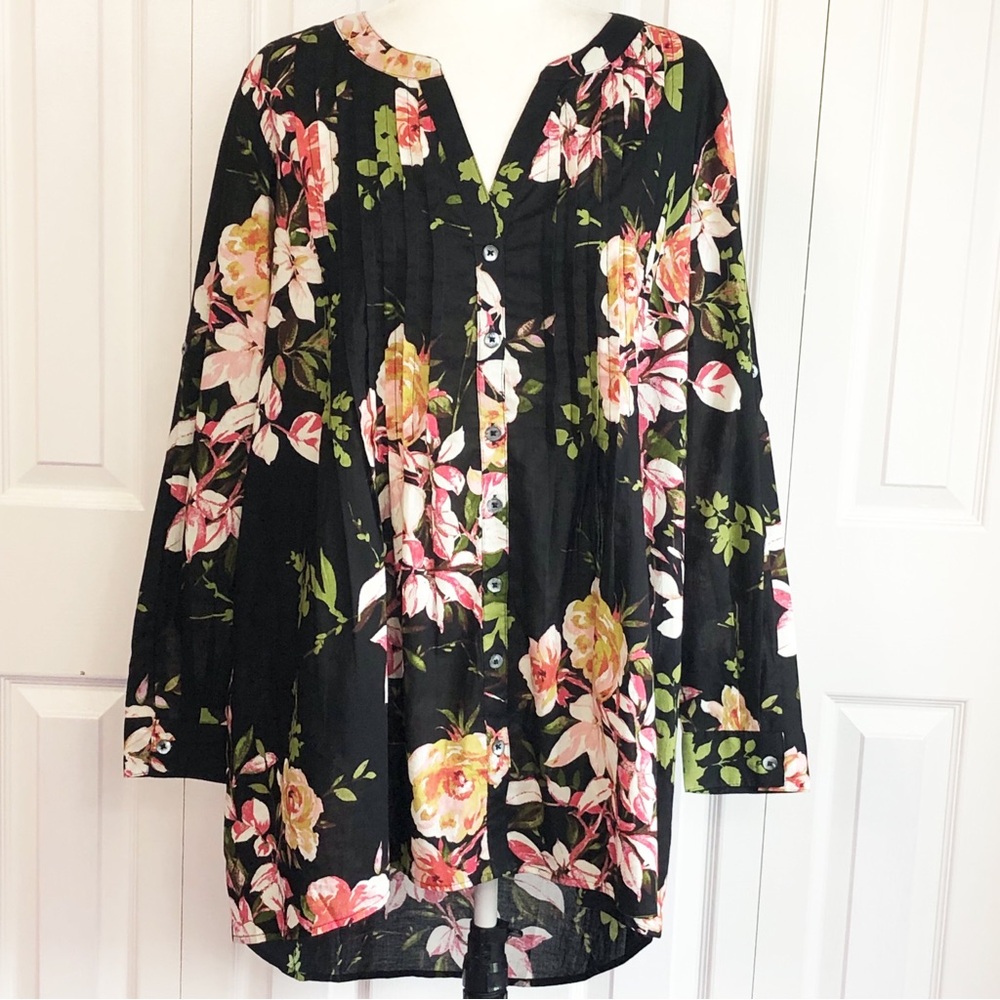 Roaman's Black Floral Print Pintucked V-Neck Button Up Tunic 18W